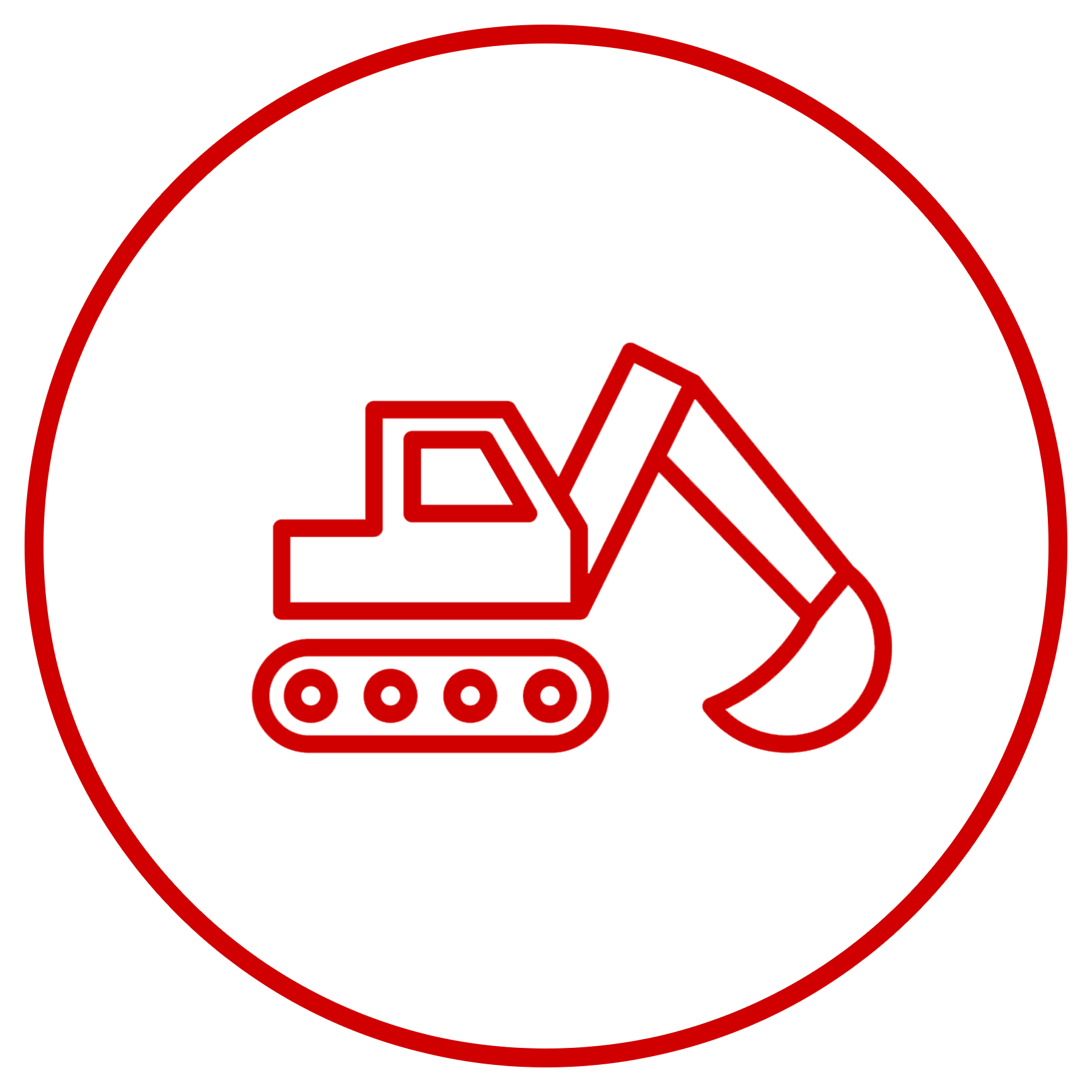 A red and white icon of a backhoe.