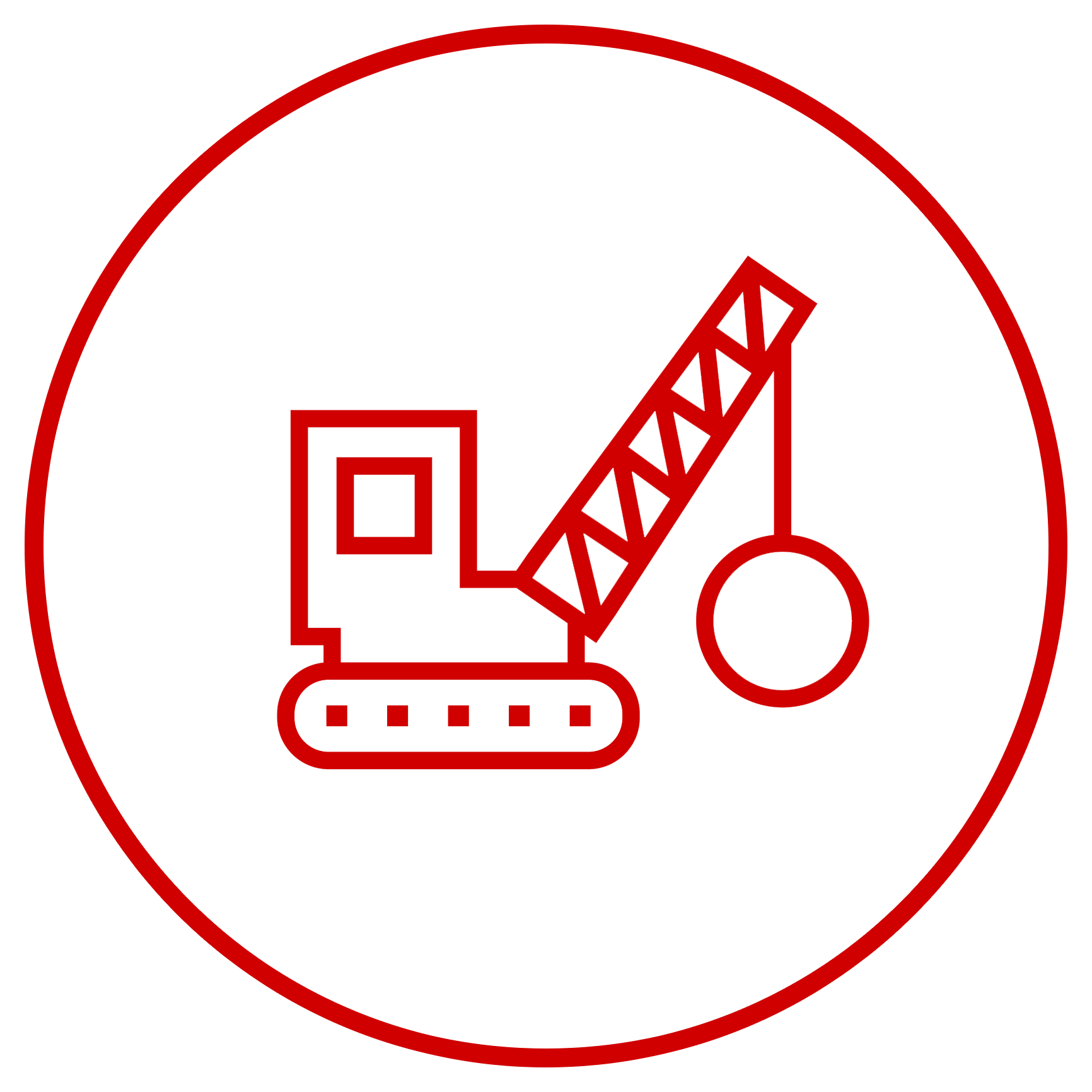 A red and white icon of a crane